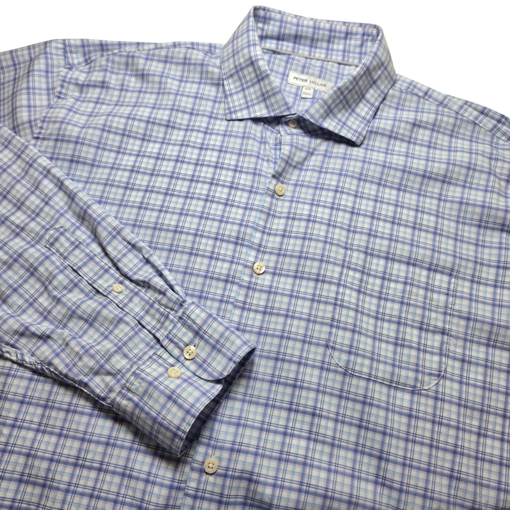 Peter Millar Mens Size XXL‎ Blue Purple Plaid Stretch Button Down Shirt